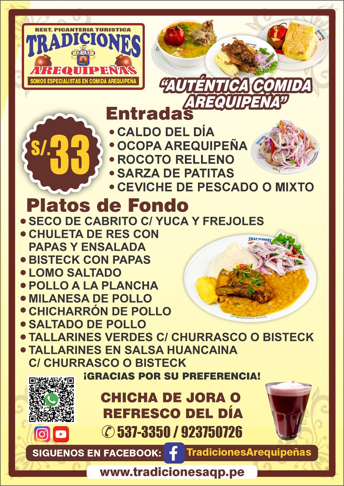 Carta Tradiciones Arequipeñas: segunda hoja del menú