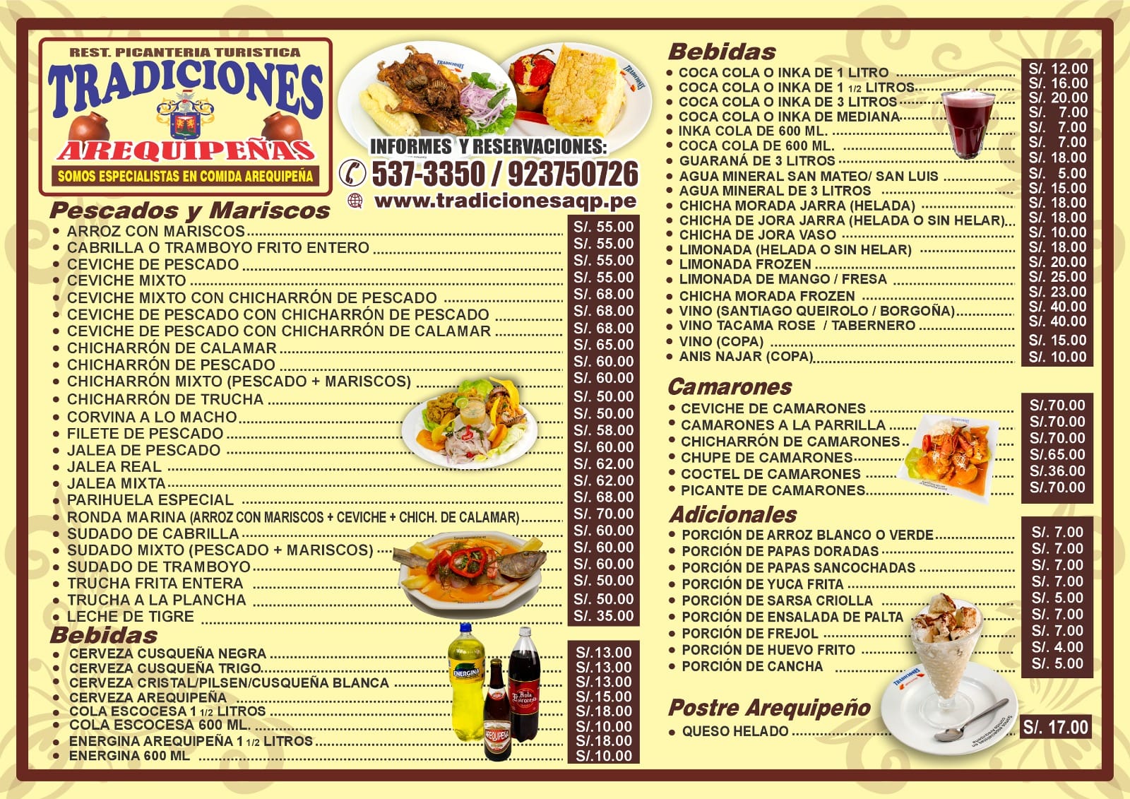 Carta general: pescados y mariscos, bebidas, camarones, adicionales y postre arequipeño