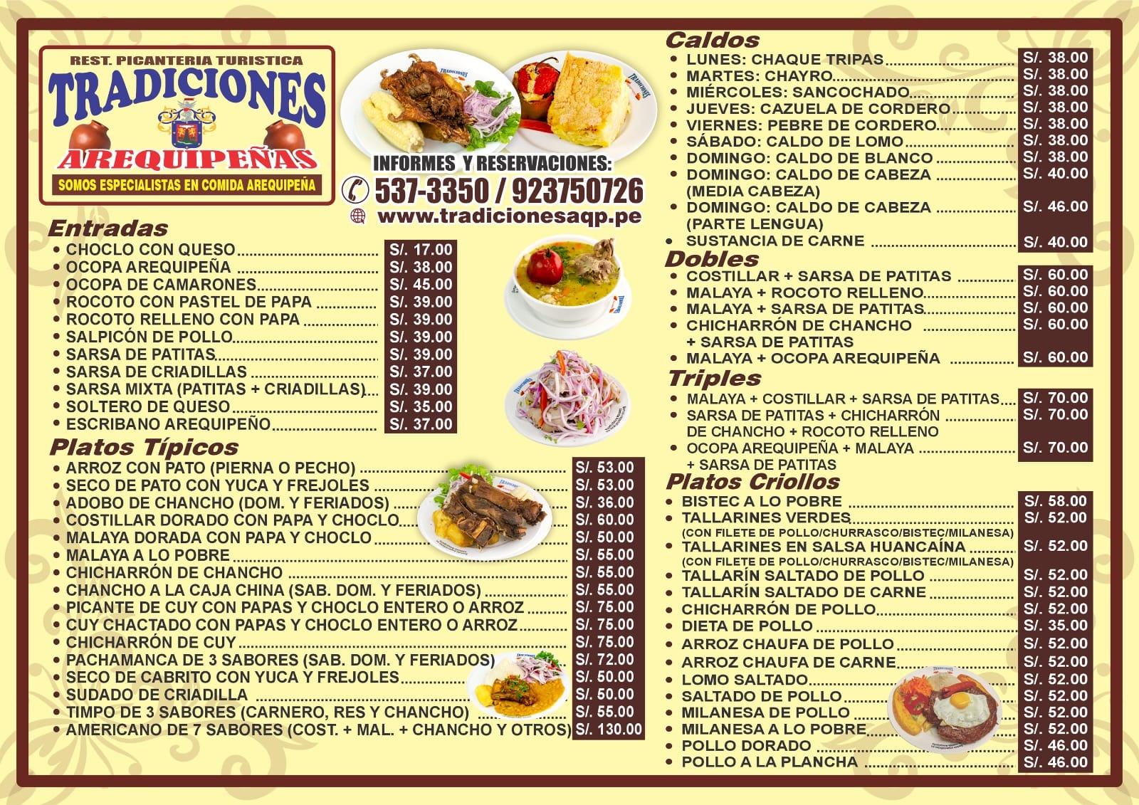 Carta Tradiciones Arequipeñas: cuarta hoja del menú